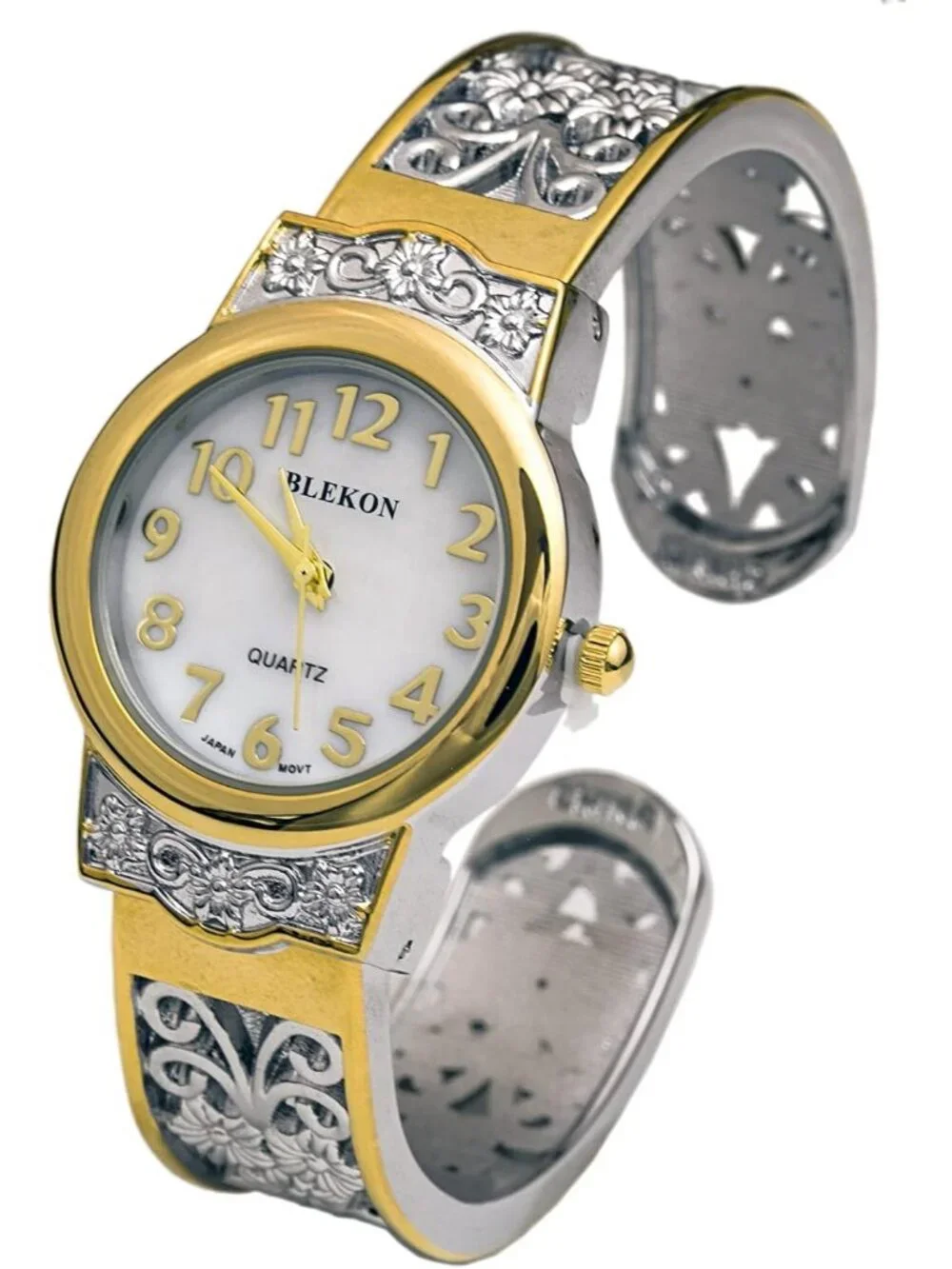 Women's Two-Tone Japanese Quart 28mm Case Elegantly Designed Cuff Bangle Watch